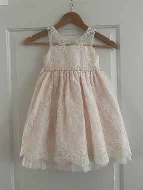 American Princess Blush Pink Tulle Lace Dress Sheer Sleeves Wedding Flower Girl